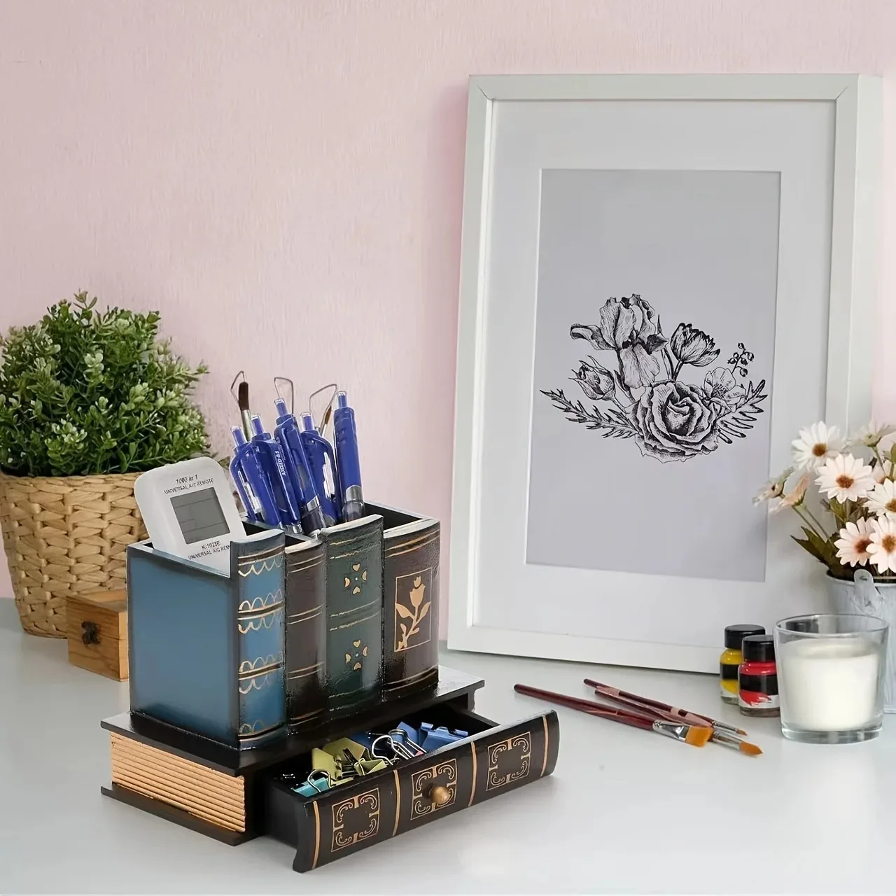 Decorative Pen Holder with Storage Drawer, Wooden Pencil Holder and Organizer,Countertop, for Desk,Table