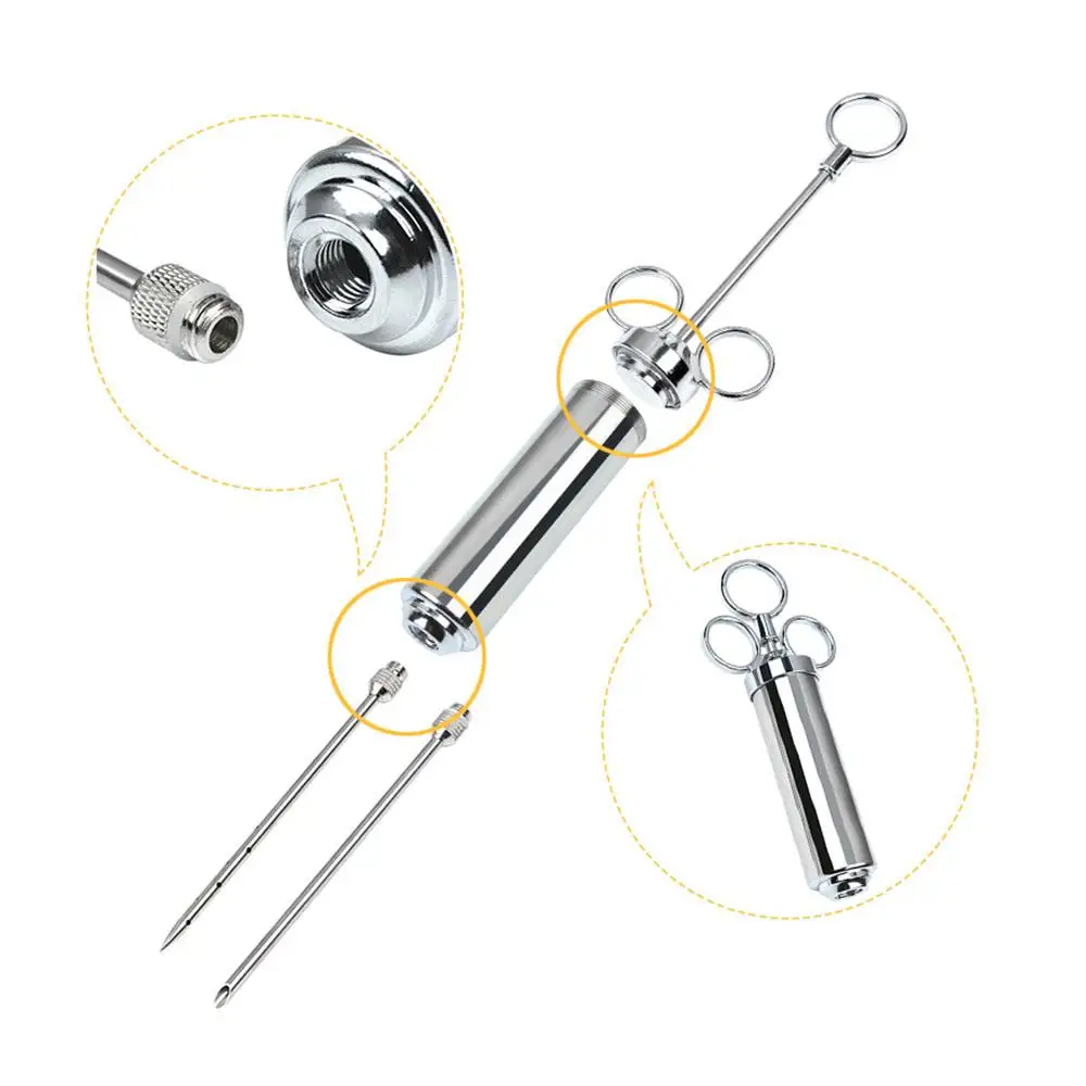 Marinade Meat Injector Stainless Steel BBQ Injector Syringe 2 Ounce Capacity with 6 Needles Silicone Brush