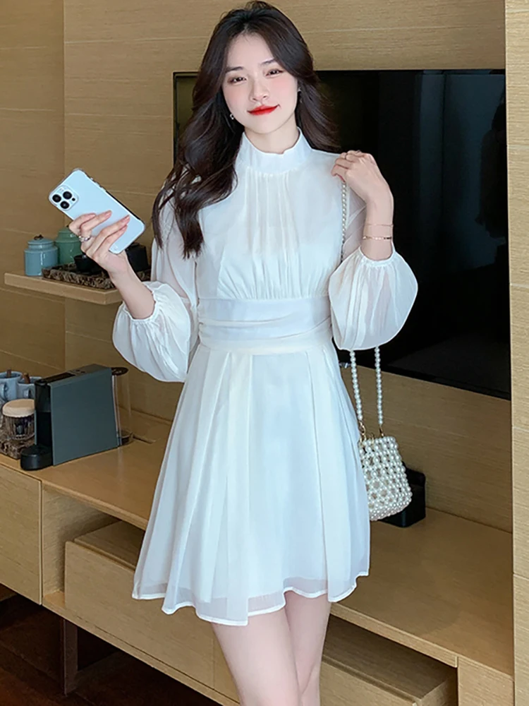 open lace back dress Korean Style] Off-white Blue Flowy Chiffon Short Dress – Ordicle