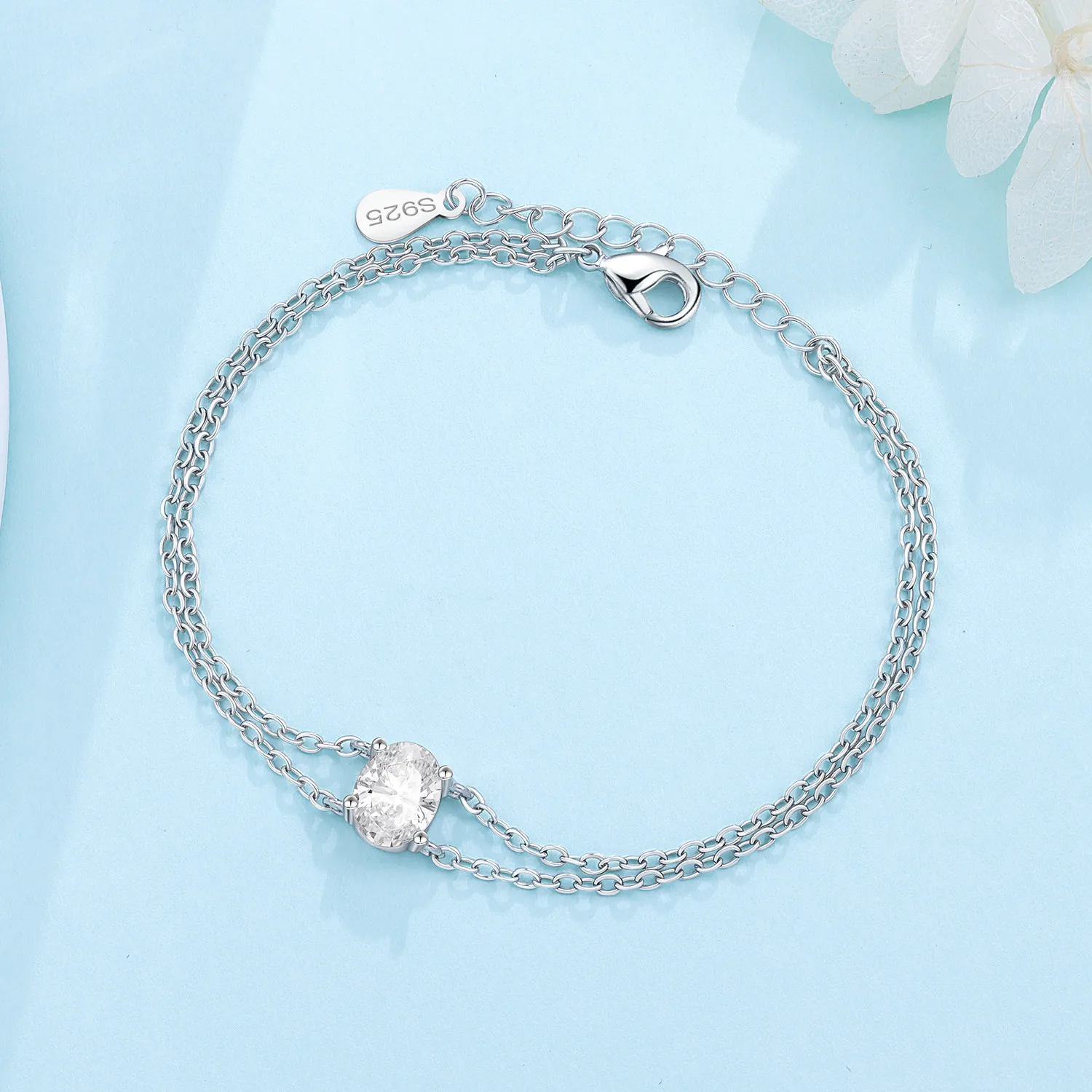 Neues doppellagiges Kettenarmband aus 925er-Sterlingsilber mit elliptischem Zirkon, Kettenglied, Damenarmband, Geburtstag, Festival, Schmuck, Geschenk – Detail 3