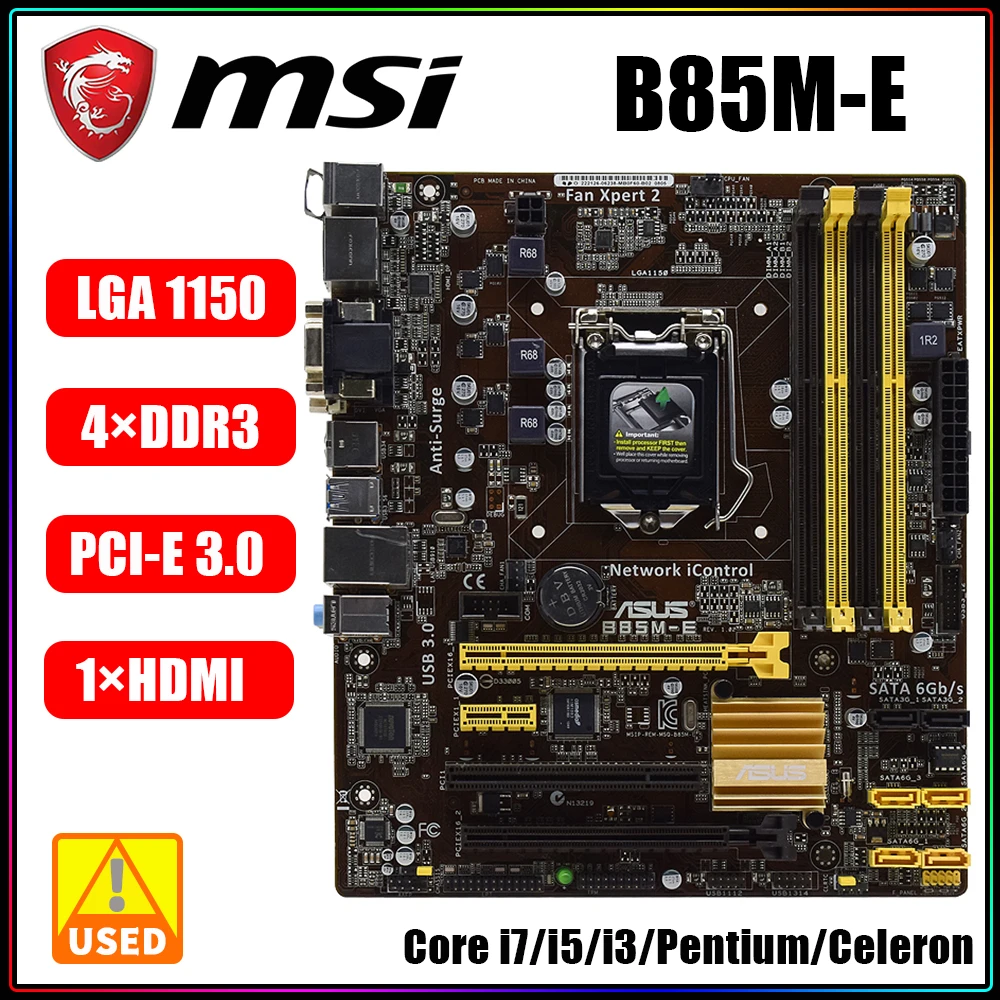 

ASUS B85M-E motherboard uses Intel B85 chipset Gigabit LAN LGA 1150 socket supports Intel 22nm processor for Core i7 i5 i3 DDR3