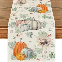 Autumn Thanksgiving Table Runner Linen Buffalo Plaid Pumpkins Mushrooms Dining Table Decoration Indoor Outdoor Tablecloth 4