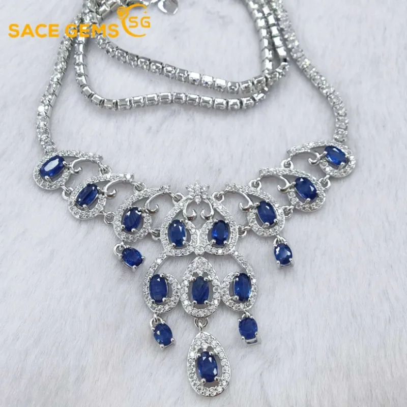 

SACE GEMS New Arrival Trend 925 Sterling Silver Sapphire Pendant Necklace for Women Engagement Cocktail Party Fine Jewelry Gift