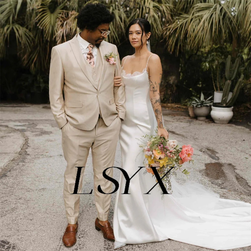 LSYX Square-Neck Sleeveless Lace Satin Mermaid Wedding Dress For Women Open Back Court Train Bridal Gown Custom Made