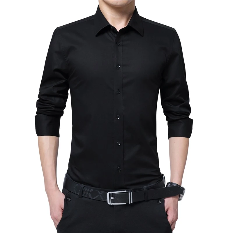 Camisa de vestir de manga larga para hombre, camisa masculina de Color sólido con cuello abotonado, blanco y negro, a la moda, talla grande| Camisas informales| - AliExpress
