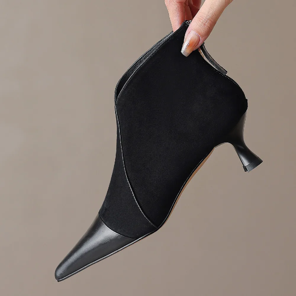 Eleganti Stivaletti Autunnali Con Tacco A Gattino Da Donna Stivaletti Corti In Pelle Scamosciata Naturale Con Punta A Punta E Cerniera Posteriore Di A