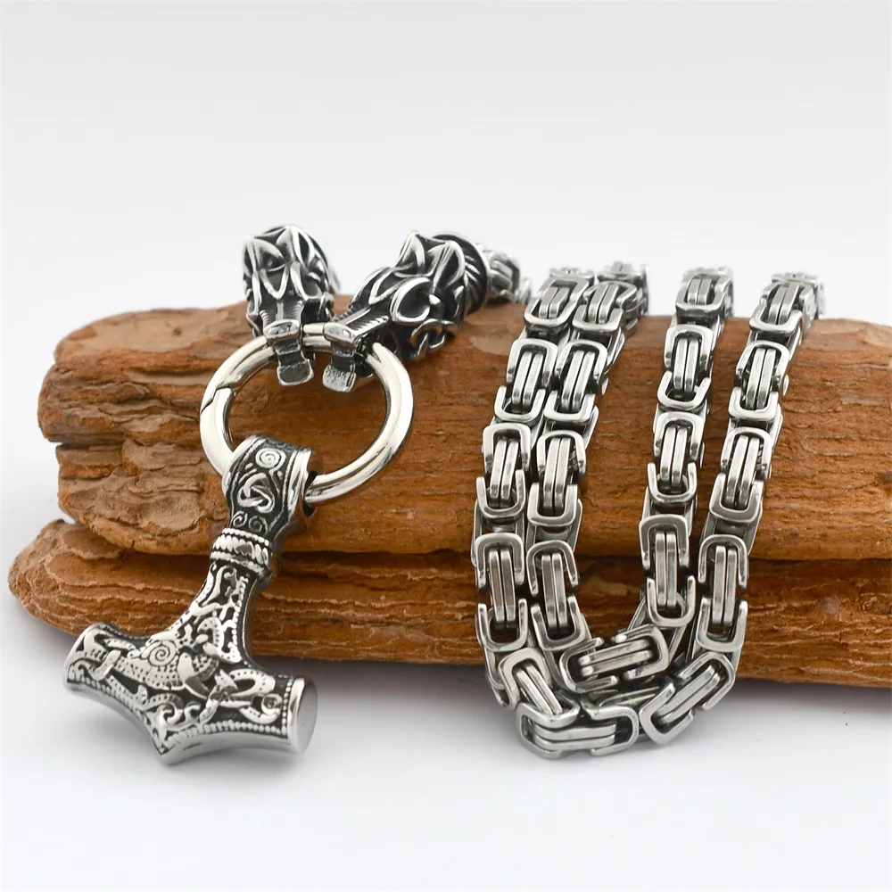 Men's Viking New Wolf Head King Chain Necklace Stainless Steel Nordic Thor's Hammer Amulet Pendant Necklace