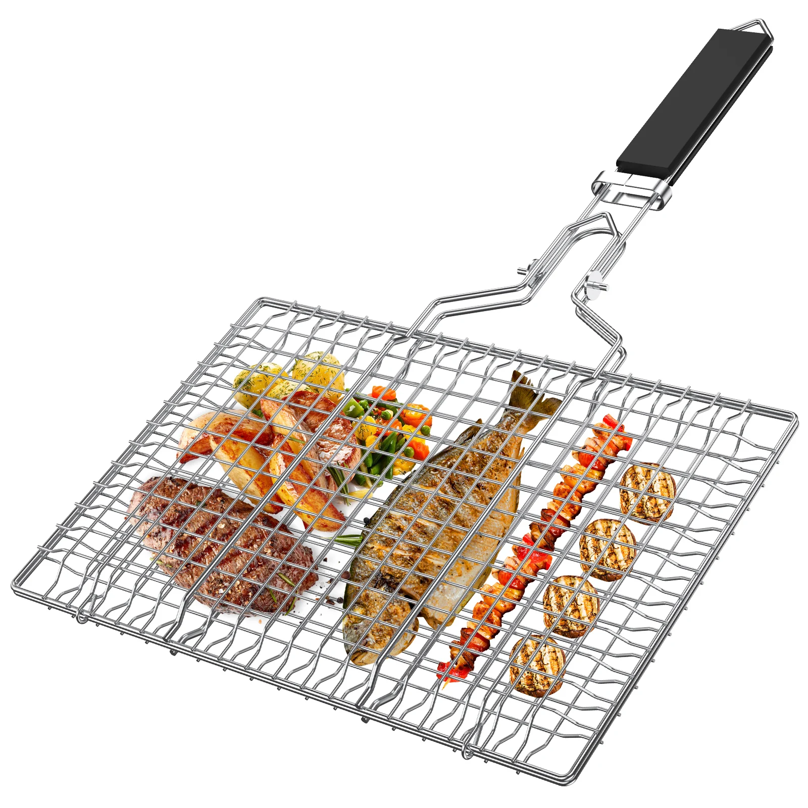 Stainless Steel Grill Basket with Easy Open/Close Lid Portable Foldable Handle Large Capacity Grilling
