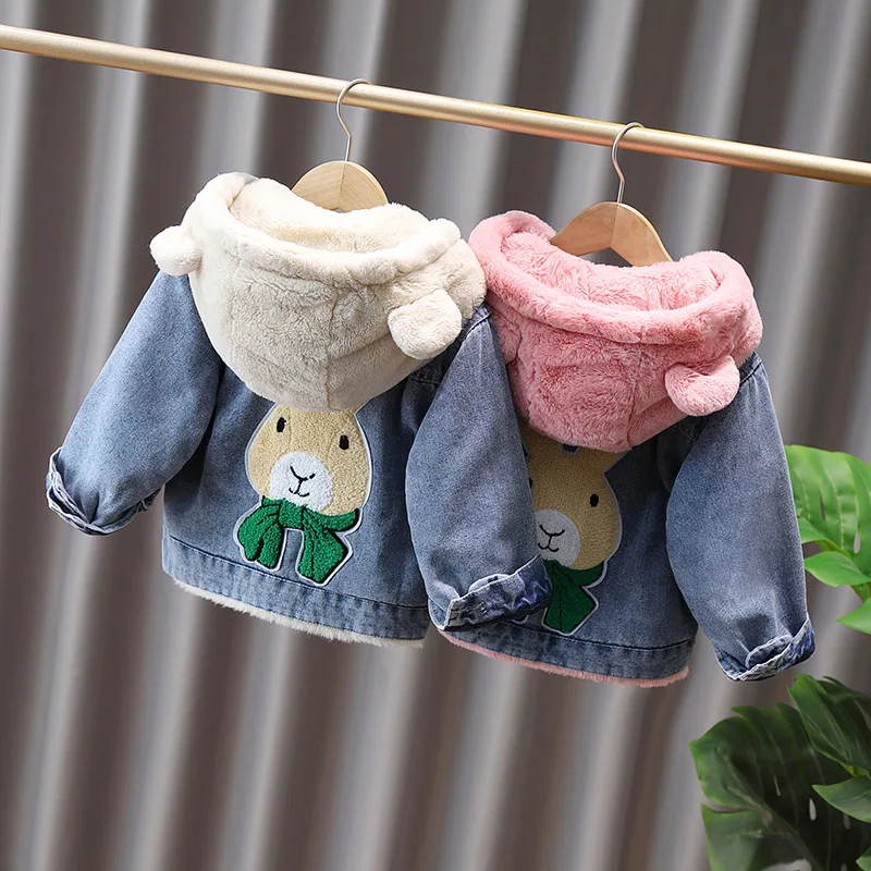 Girls Winter Cute Plush Thick Hooded Warm Denim Coat 2-10Y - Uniqwear