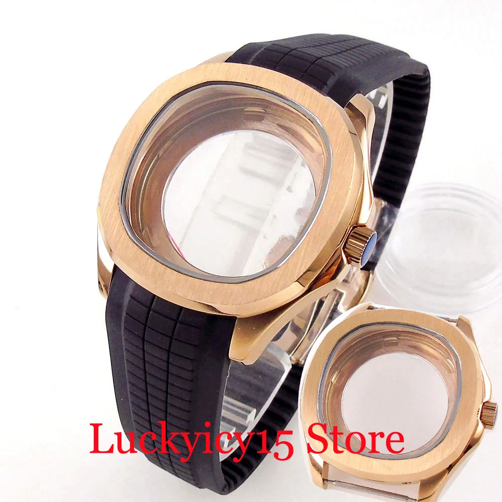 

Bliger 40MM Rose Gold Square Stainless Steel Watch Case Fit NH35 NH35A NH36A Movement Sapphire Glass Rubber Strap