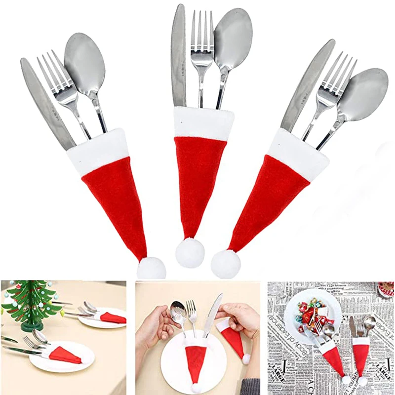 Christmas hat holder 20/5PC Christmas hat tableware holder fork knife cutlery storage holder bag home decoration accessories kitchen tableware holde