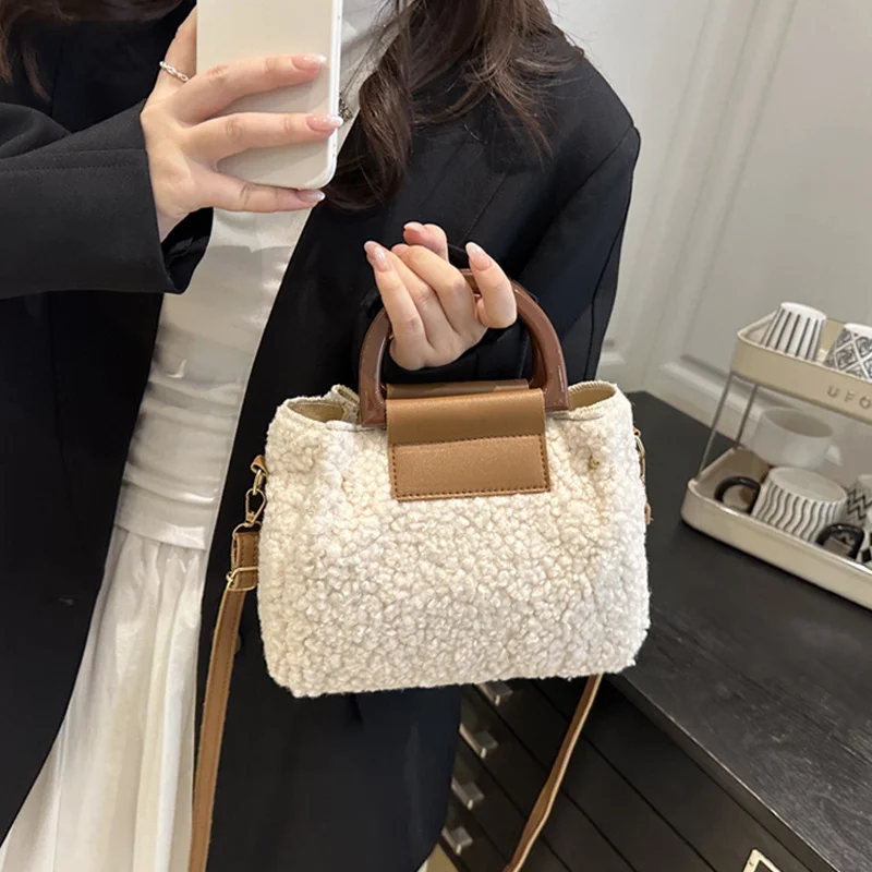 Niche Design Lamb Fur Handbag Women's Shoulder Crossbody Small Bag Winter Large Capacity Lamb Woolen Purse and Handbag