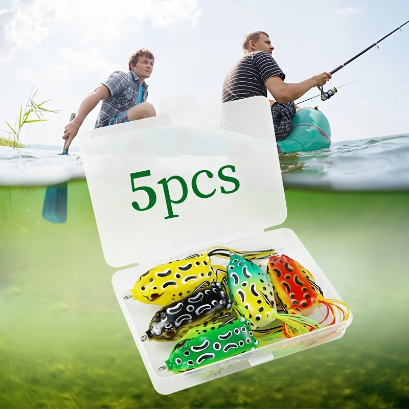 5pcs Frog-Shaped Fishing Lures with Double Up-tilt Groove Hook, Realistic Soft Bait Fish Hook with Storage Box For Freshwater