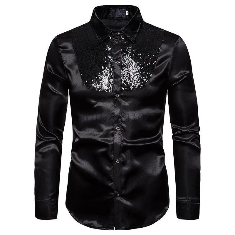 

2023 New Men's Shirt Sequined Performance Nightclub Men's Host MC Men's Lapel Long Sleeve Solid Color Shirt Mens Dress Shirts