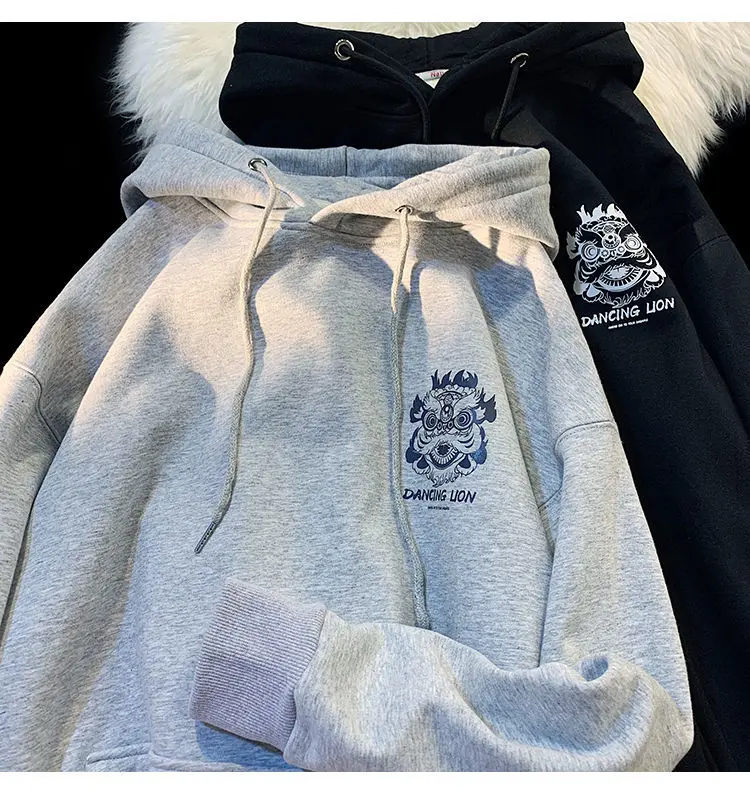 Chinese Style Domineering Lion Head Print Harajuku Hoodie Winter Creative Design Sweatshirts Hoody Pullover Streetwear Women Men