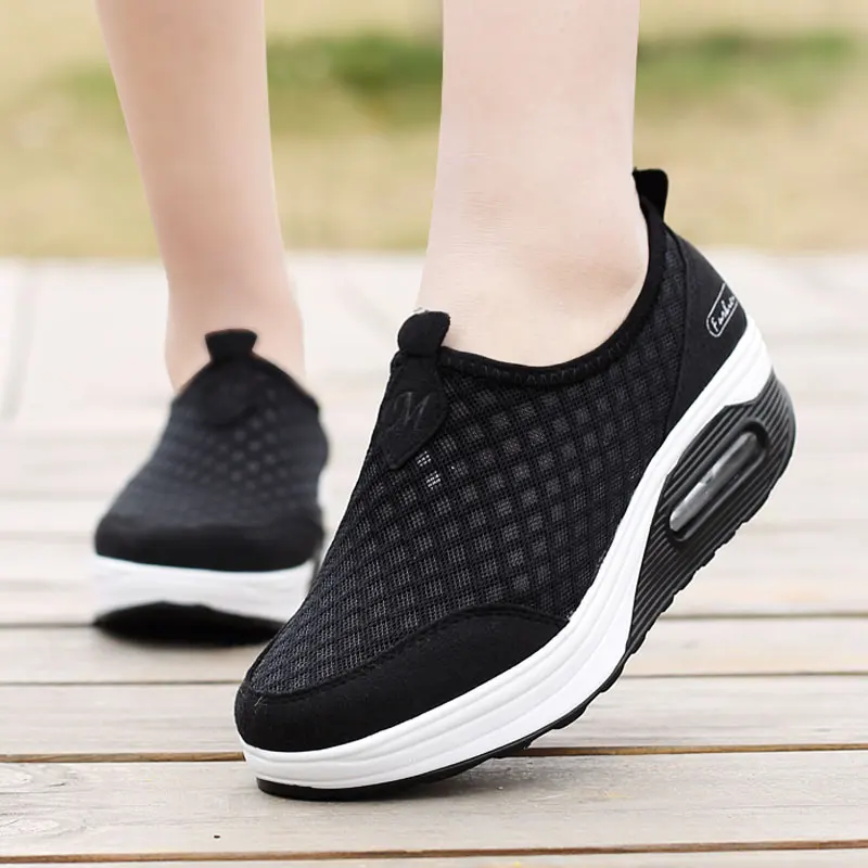 Womens Sneakers Summer Thick bottom Tennis Shoes Wedge Hollowed Out Slip-on Mesh Platform Vulcanization Shoes Breathable Lightweigt Sneakers