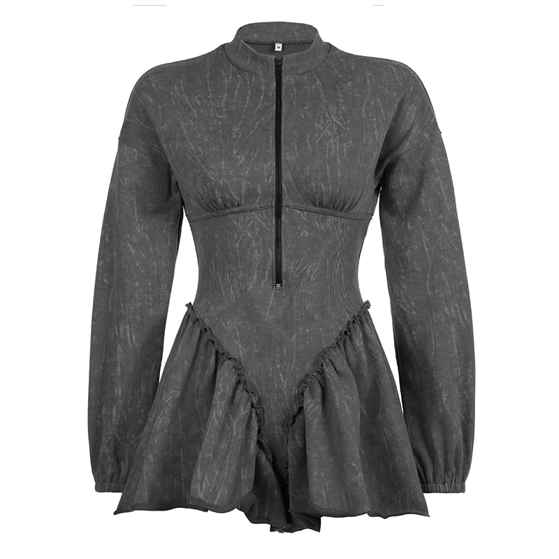 BIIKPIIK Distressed Sexy Women Playsuits Fashion Grey Zipper Mini Culotte Clubwear Rompers Unique Casual Overalls Birthday Party