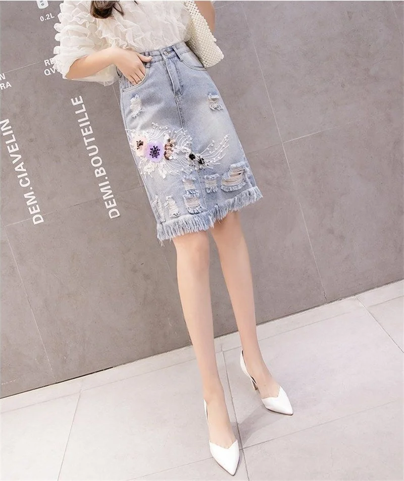 2022 Women's Denim Skirts Spring Summer High Waist Heavy Work Embroidery Flower Jeans Skirt Plus Size Hole Cowboy Skirt nike tennis skirt