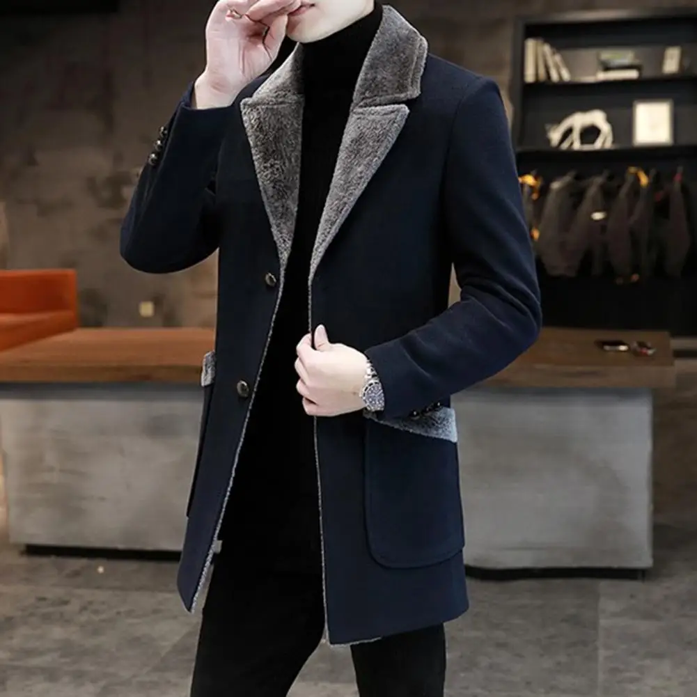 Warmth Coat Stylish Men Business Jacket Washable Warm Overcoat Plush Collar Turn-down Collar Buttons Windbreaker Keep Warm