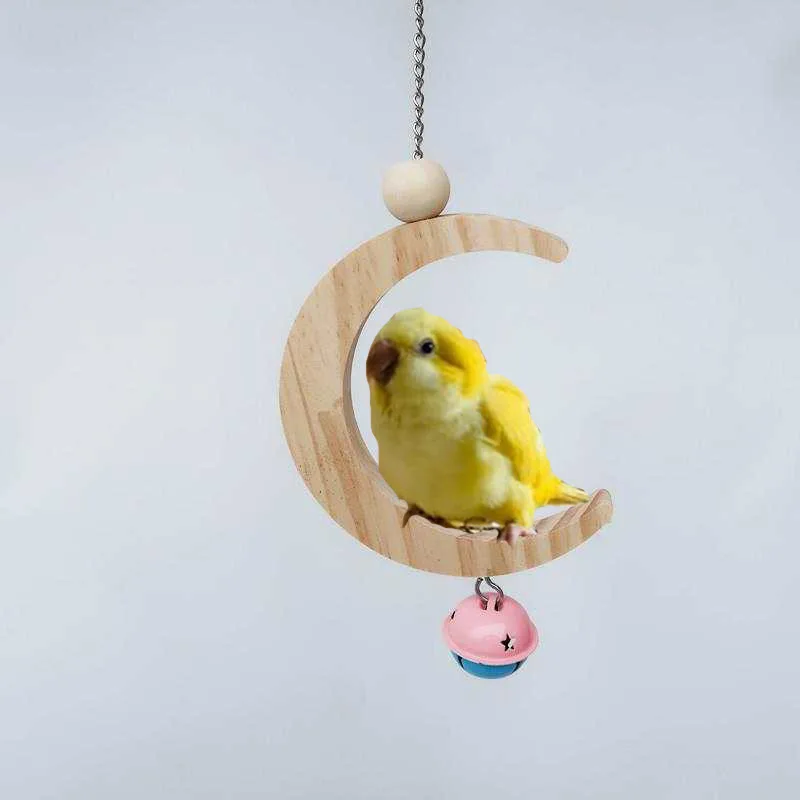 Big Size Hanging Swing Parakeet Solid Wood Ring Moon Shaped Bird Cage Branch Training Toy Holding Station Shelf for Parrot