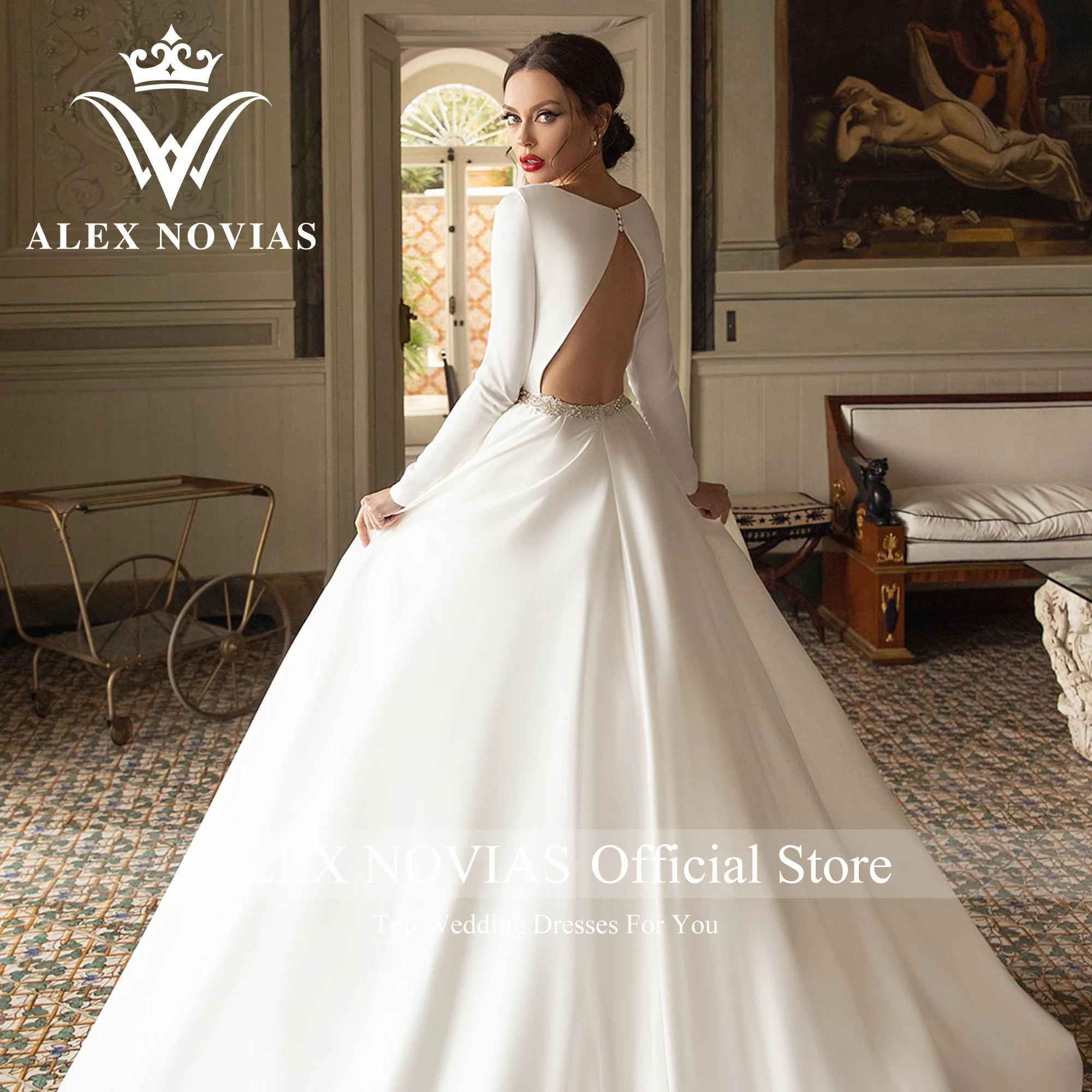 Robe De mariée en Satin à manches longues, avec ceinture en cristal, avec découpe à la cuillère, collection 2023