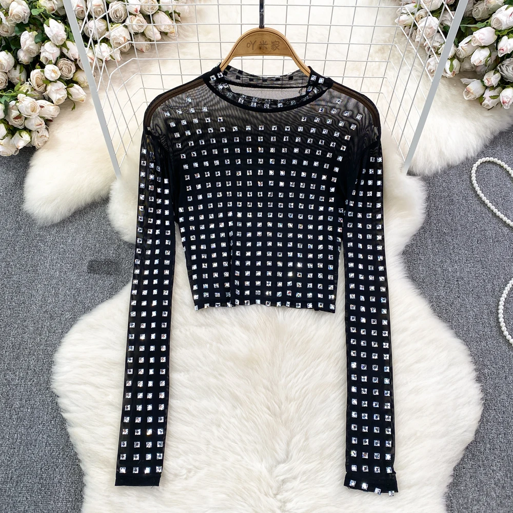 

Fashion T-Shirts for Women Beading Long Sleeve Sheer Gauze Streetwear Woman Solid Color Autumn Tshirt O Neck Dropshipping