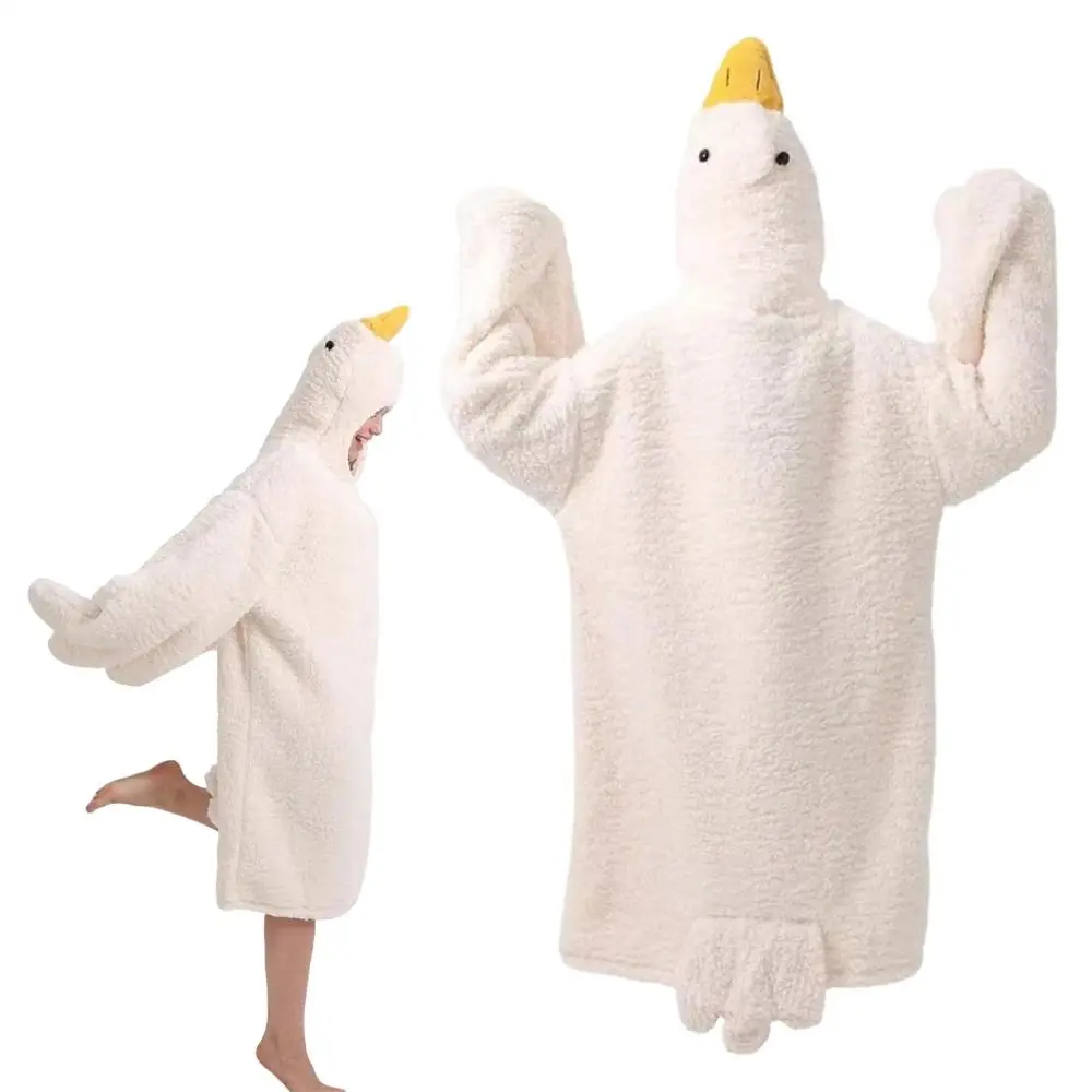 Soft Coral Fleece Big White Goose Onesie Pajamas Thicken Windproof Winter Warm Hooded Pajamas Texture Cartoon Pajamas Home Wear