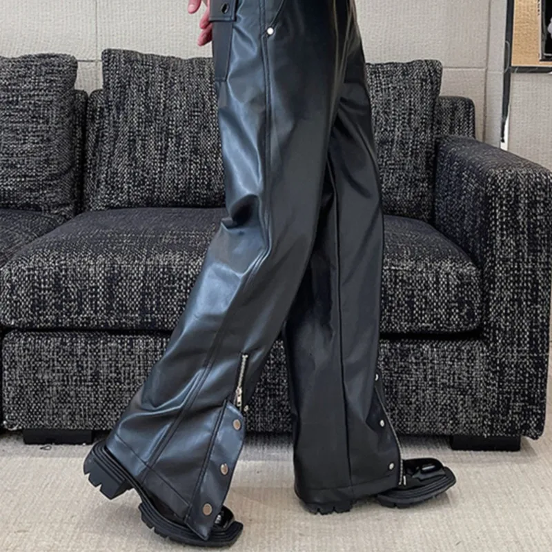 Men PU Leather Pants Button Zipper Thick Rope Decoration Streetwear Windproof Straight Trousers Punk Trend Baggy Pantalon