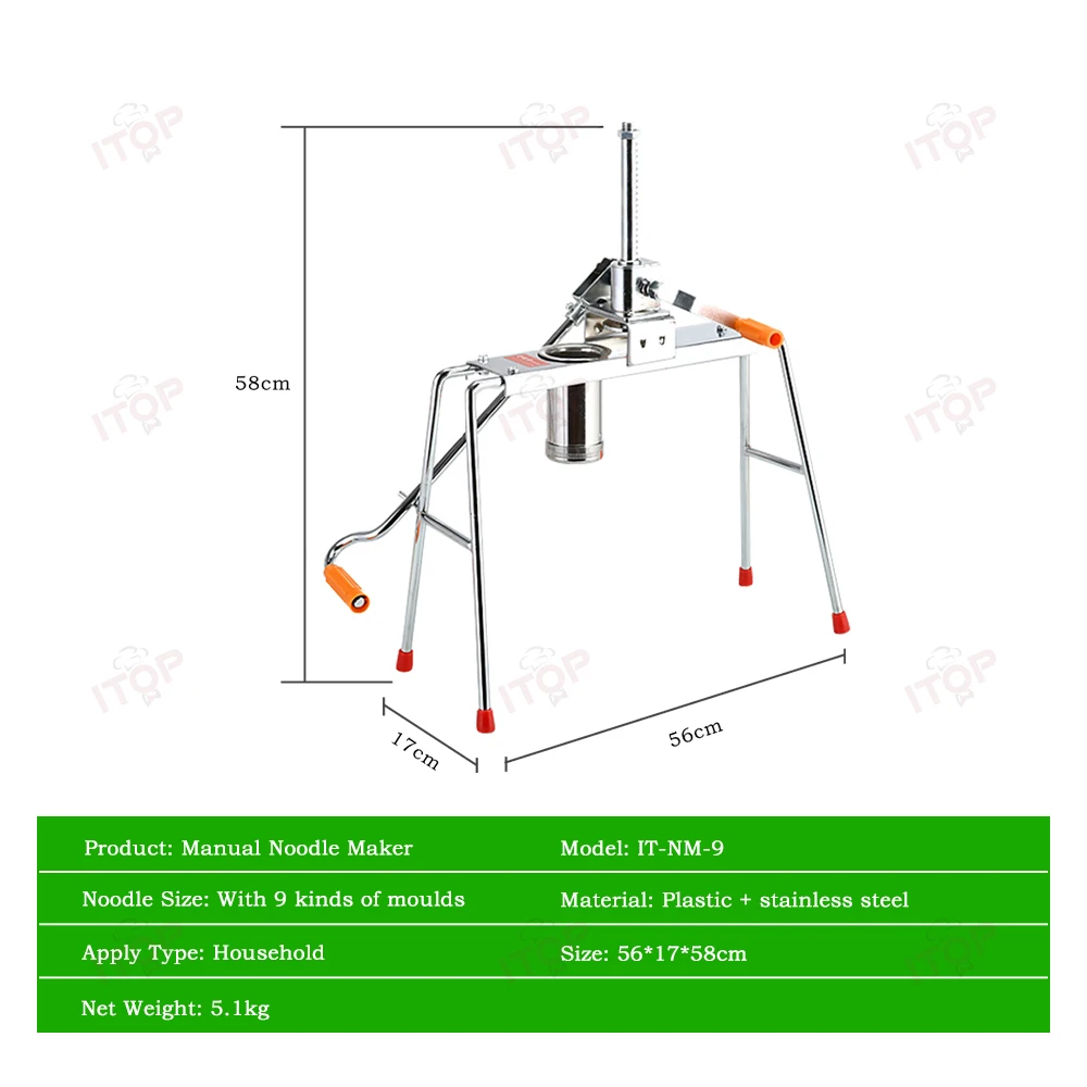 Manual Noodles Maker Pasta Pressing Machine Made of Stainless Steel 9 Changeable Dough Moulds Household Spaghetti Maker