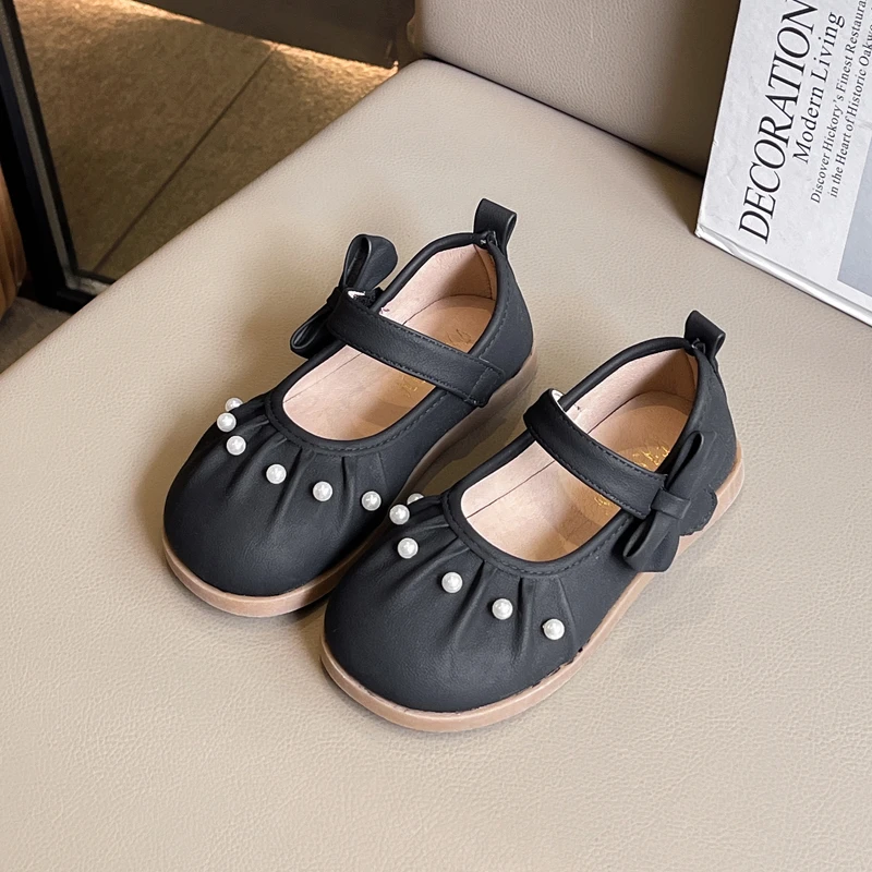 Leather Kids Flat Shoes for Girls with Bowknot and Pearl