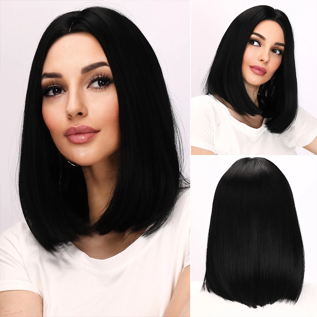 

Synthetic Black Short Straight Natural Hairline Hair For Women Shoulder Length Bob Wigs Daily Cosplay Middle Part Heat Resistant