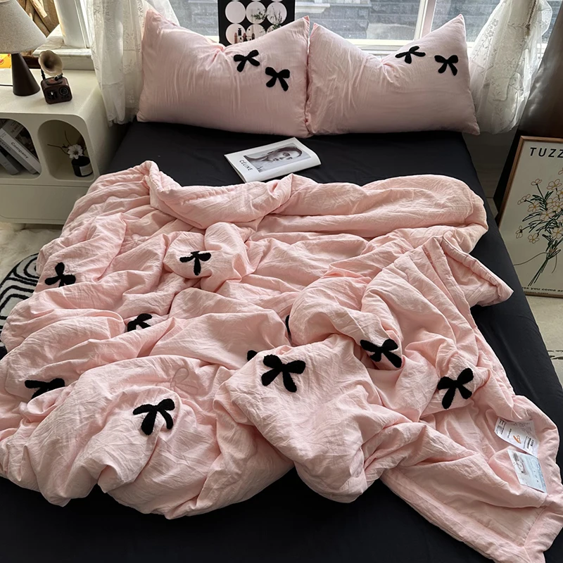 Summer Quilt Skin Friendly Water Washed Cotton Bow Towel Embroidered Luxury Emulation Silk Quilted
