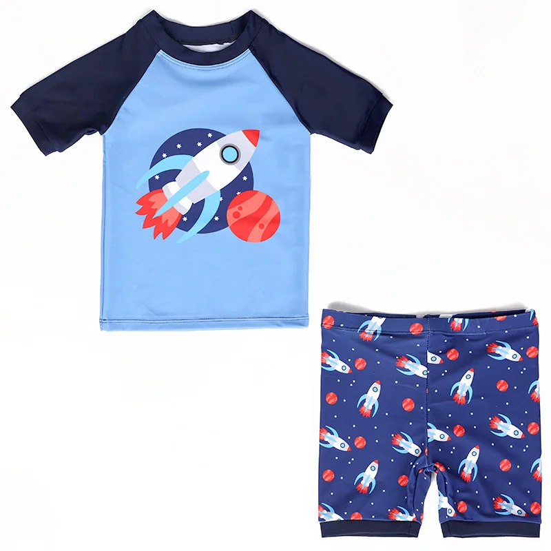 Toddler Boys Swimsuit Sets 1-7 Years Rocket Print 2PCS Boy Swimwear Children Bathing Suit Beachwear Short Sleeve Kids Boy Surf