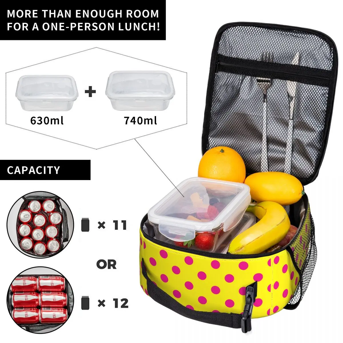 Pink Polka Dots On Yellow Pattern Insulated Lunch Bag for Women Leakproof Cooler Thermal Lunch Tote Kids School Children