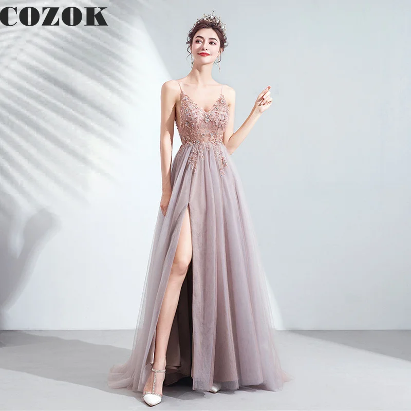 

Sakura Pink Elegant Tulle V Neck Evening Dress Charming A Line Illusion Floor-Length Prom Gown Robes De Soirée DC54