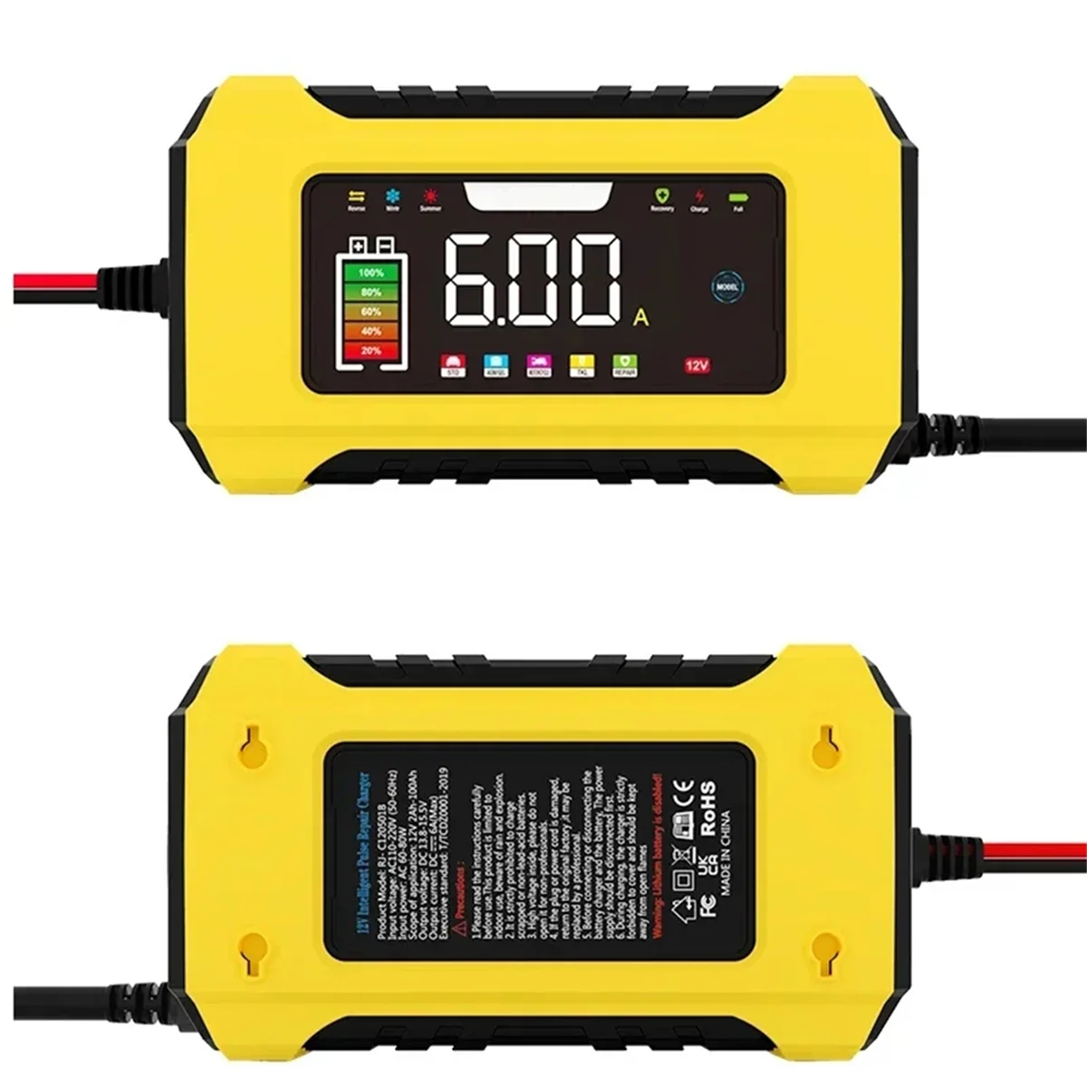 A10R 12V 자동차 배터리 충전기 6A LCD 디스플레이가 있는 완전 자동 배터리 충전기 리드 펄스 수리 충전기 EU 플러그 블랙