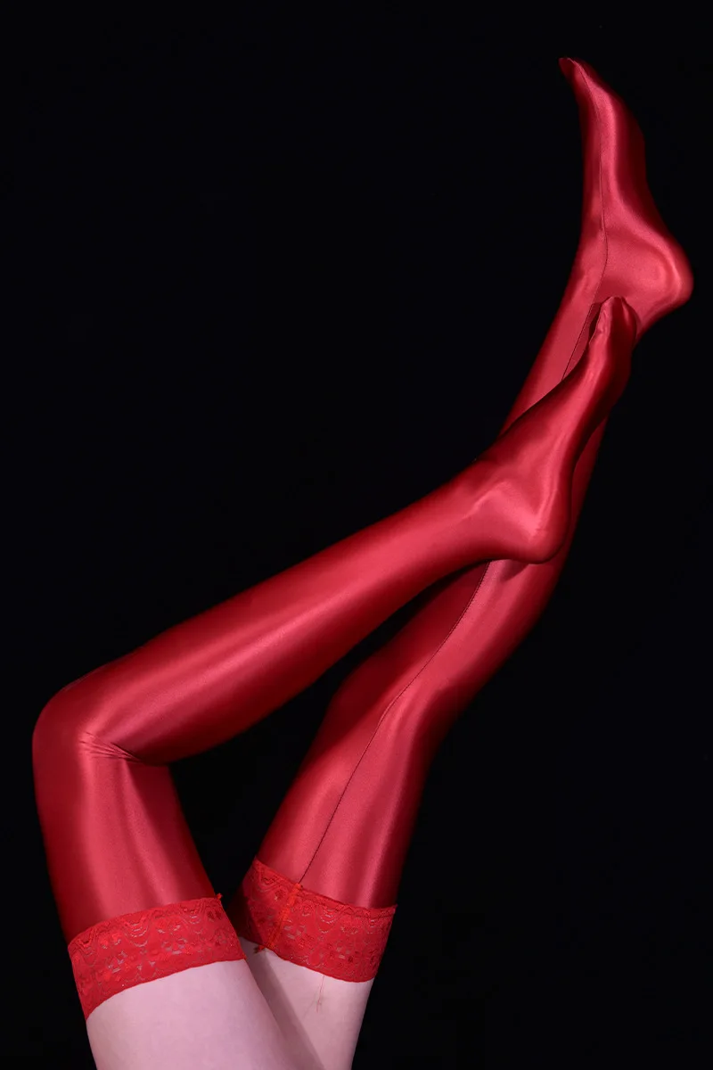 7-Farben-Öl-glänzende Spitzen-Top-Silikon-Halte-up-Oberschenkelstrümpfe, superglatte, elastische Nylon-Medien, Hot Pole Dance Clubwear – Detail 16
