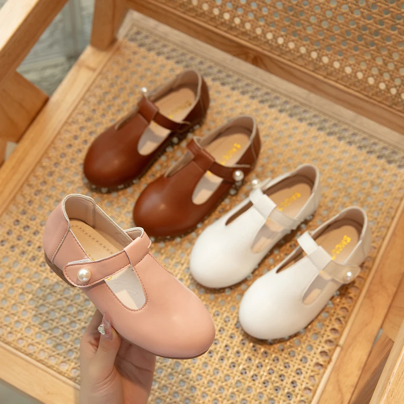 Kids Princess Shoes Solid Color Versatile Girls Leather Shoes T-strap 2024 New Children Flats Dance Shoes Fashion Temperament 2