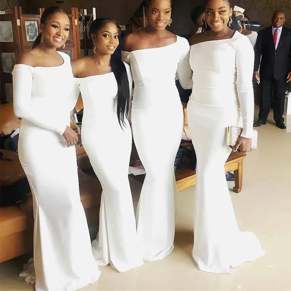 

2023 Long Sleeve Bridesmaid Dresses Elegant White Satin Sexy Mermaid Long Wedding Guest Dress Custom African Formal Party Gowns