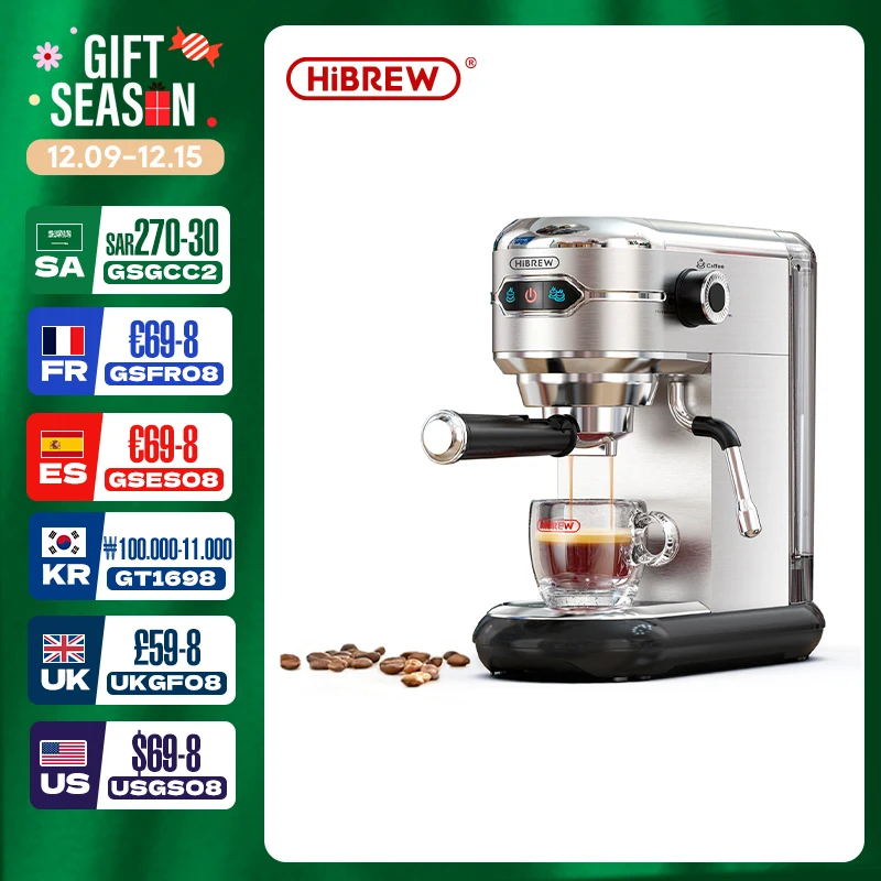 Coffee Maker Espresso Maker HiBREW Coffee Maker Cafetera 20 Bar Inox Semi Automatic Super Slim ESE POD& Powder Espresso Cappuccino Machine Hot Water H11