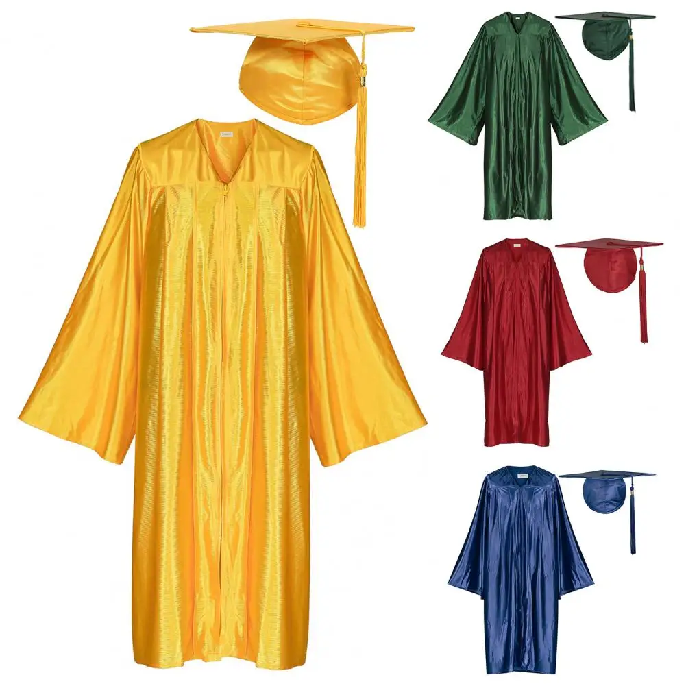 

Men Academic Gown Set Elegant Unisex Graduation Robe Hat Set with Front Zipper V Neck Tassel Detail for College Bachelor Doctor