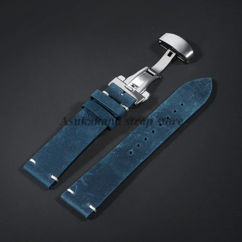Vintage Calfskin Leather Watchband with Butterfly Buckle - Multiple Sizes Available