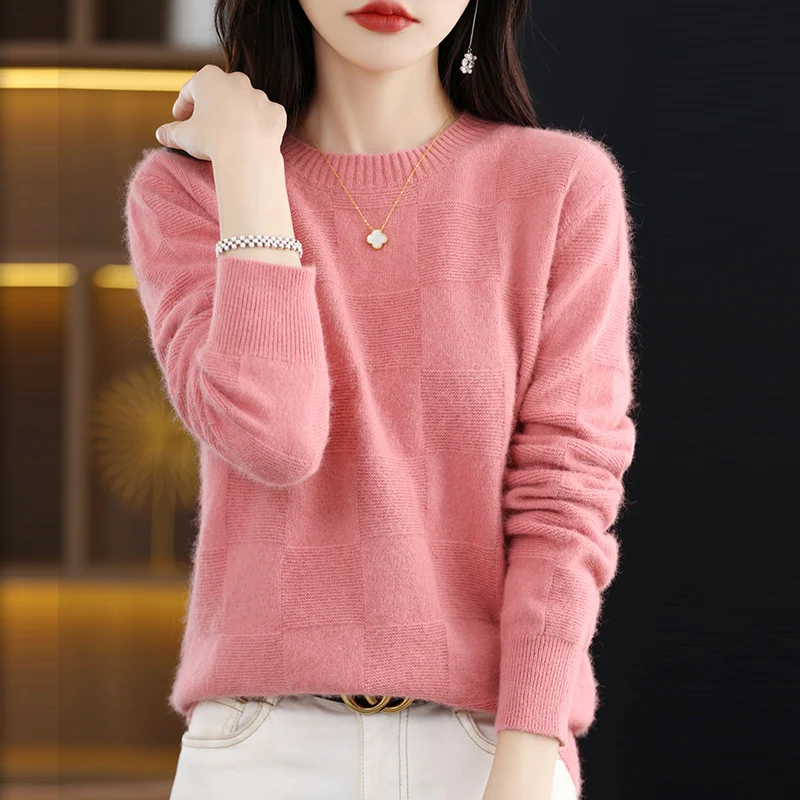 Autumn and Winter New O-Neck Women's Sweater 100% Pure Mink Cashmere Knitted Pullover Solid Color Slim Fit Fashion Top 5