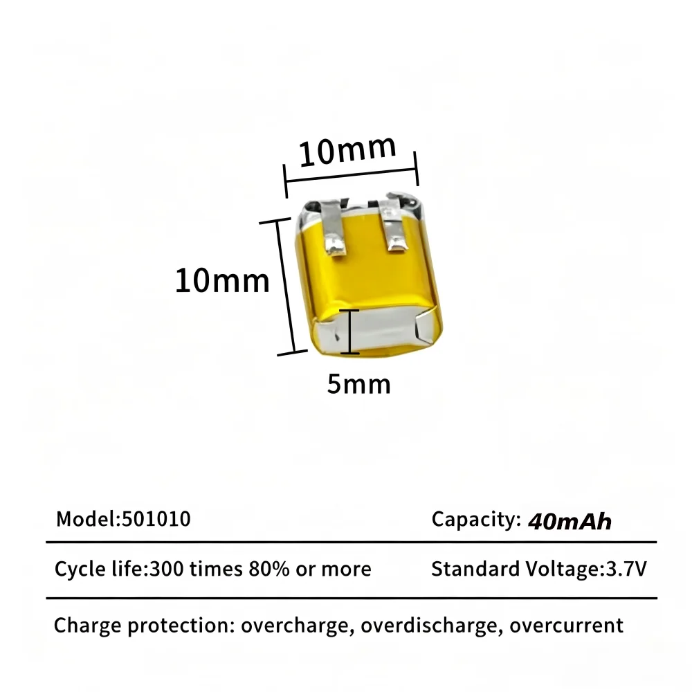 Batteria 501010 3.7V 40mAh Lipo Ricaricabile, Batterie ai Polimeri di Litio per Auricolari Bluetooth, Mp3/mp4, Smartwatch, GPS - immagine 4