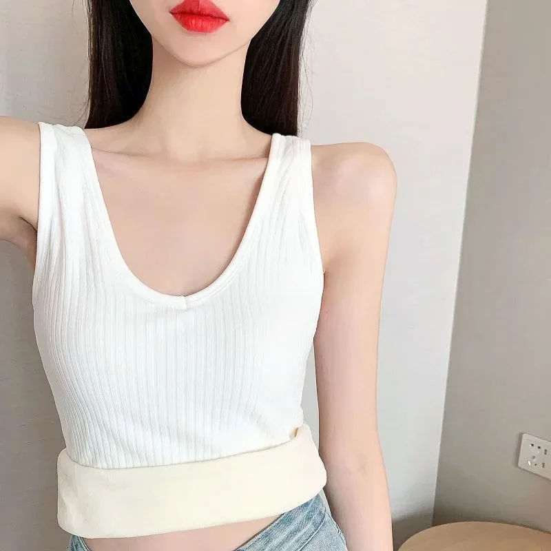 Camisola cálida con tirantes para mujer, ropa interior gruesa de terciopelo para invierno, ropa interior térmica ajustada y acogedora de Color sólido