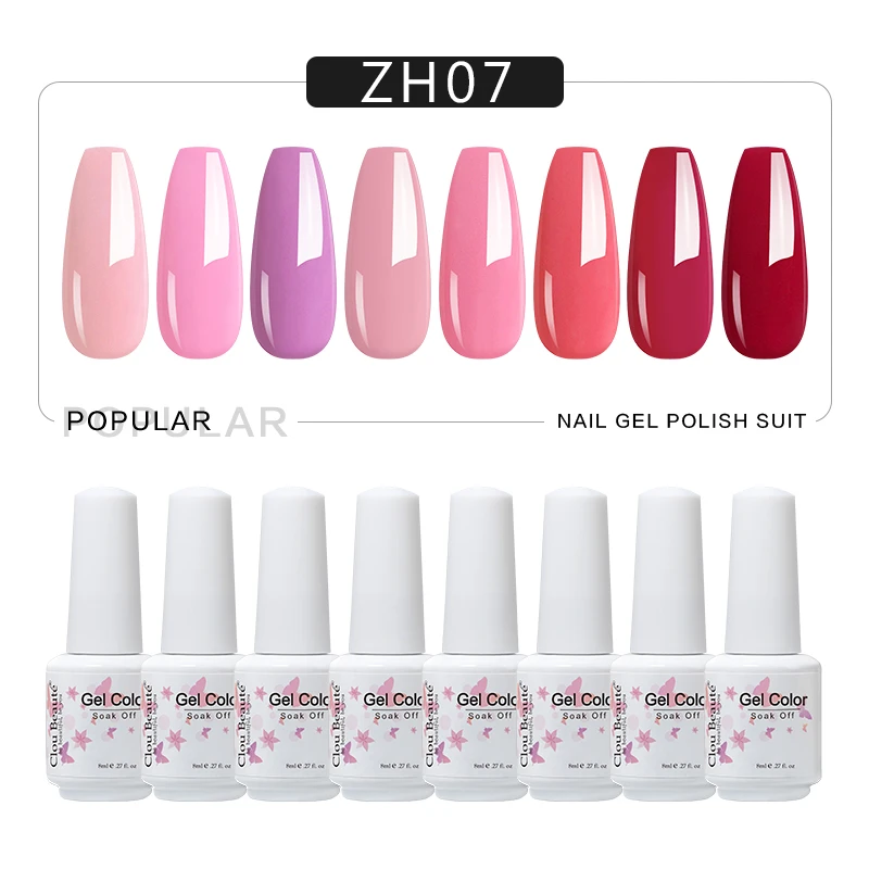 Cloubeute 솔리드 네일 젤 광택제 네일 용품, 반영구 밝은 여름 레드 누드 핑크 UV LED 젤 바니시, 8ml Vernis