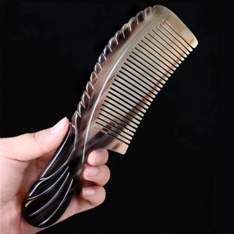 Natural Yak Horn Comb Handmade Carving Handle Smooth Anti-Static Scalp Health Care Massage Comb Wide & Fine Tooth for All Hair 2