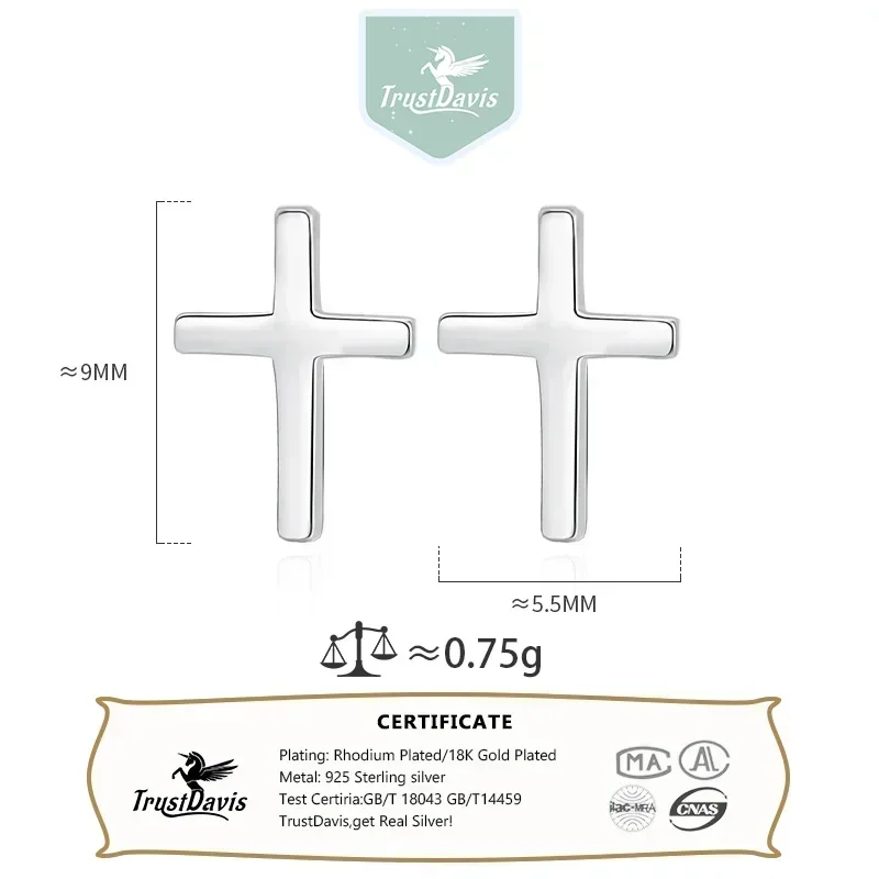 TrustDavis 925 Sterling Silver Fashion Authentic Minimalist Cross Stud Earrings Gift for Women Girls Anniversary Gift DS784