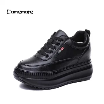 Platform Wedge Female Women 8CM Heels 2025 Sneakers Chunky Spring Autumn Shoe Women’s Genuine Leather Casual Black Shoes