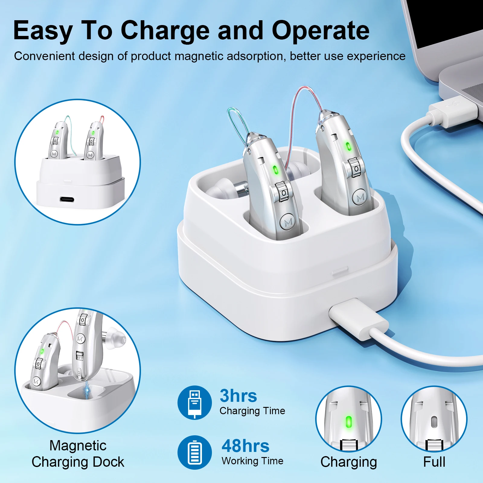 Rechargeable behind-the-ear hearing aid for the elderly, noise-cancelling amplified hearing aid with charging case 6